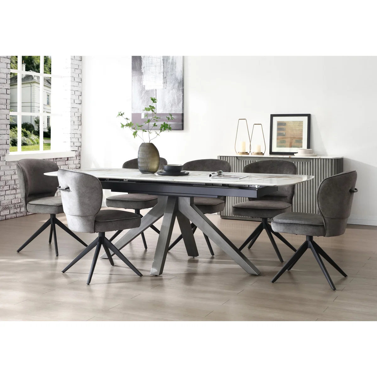 Imperium Pop Up Extending Dining Table and 6 Fabric Swivel Chairs - 140-cm – image 2