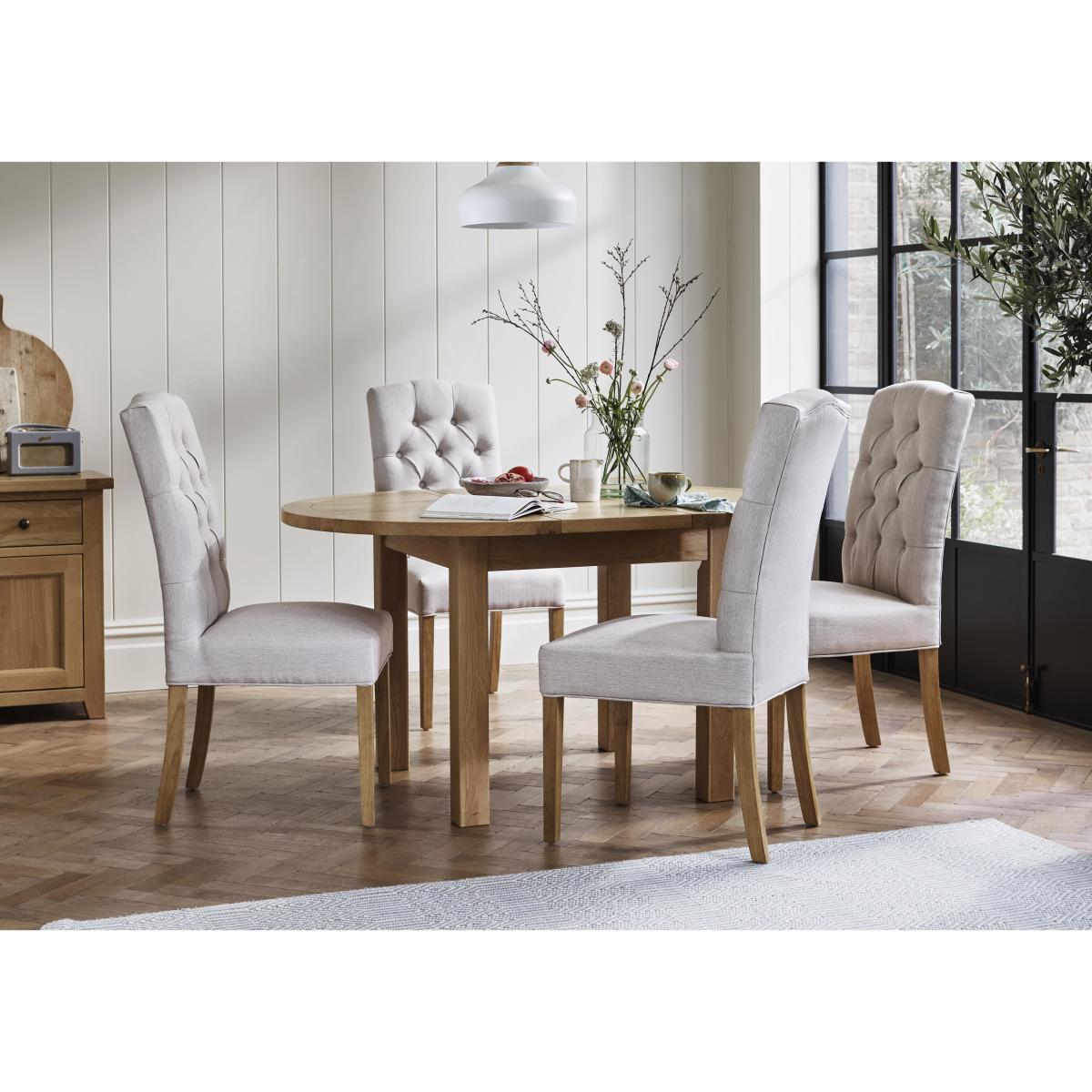 Furnitureland - California Solid Oak Round Extending Table and 4 Button Back Upholstered Chairs – image 2