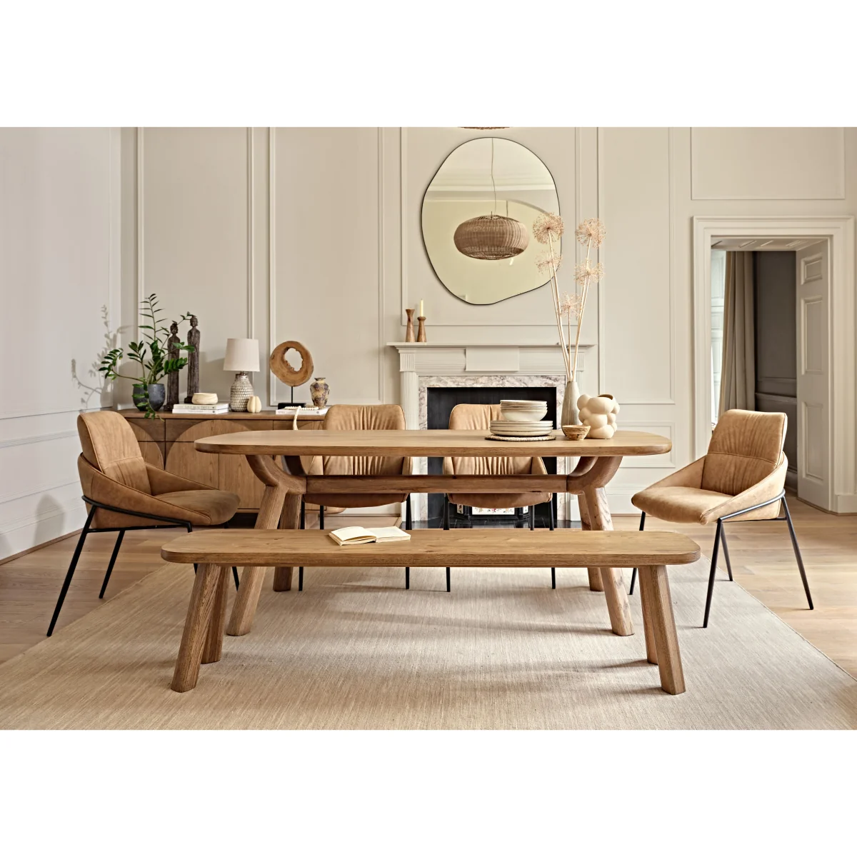 Pien Large Boat Shaped Oak Fixed Dining Table, 4 Faux Leather Chairs with Metal Legs and a Large Bench - In Time for Christmas – image 2