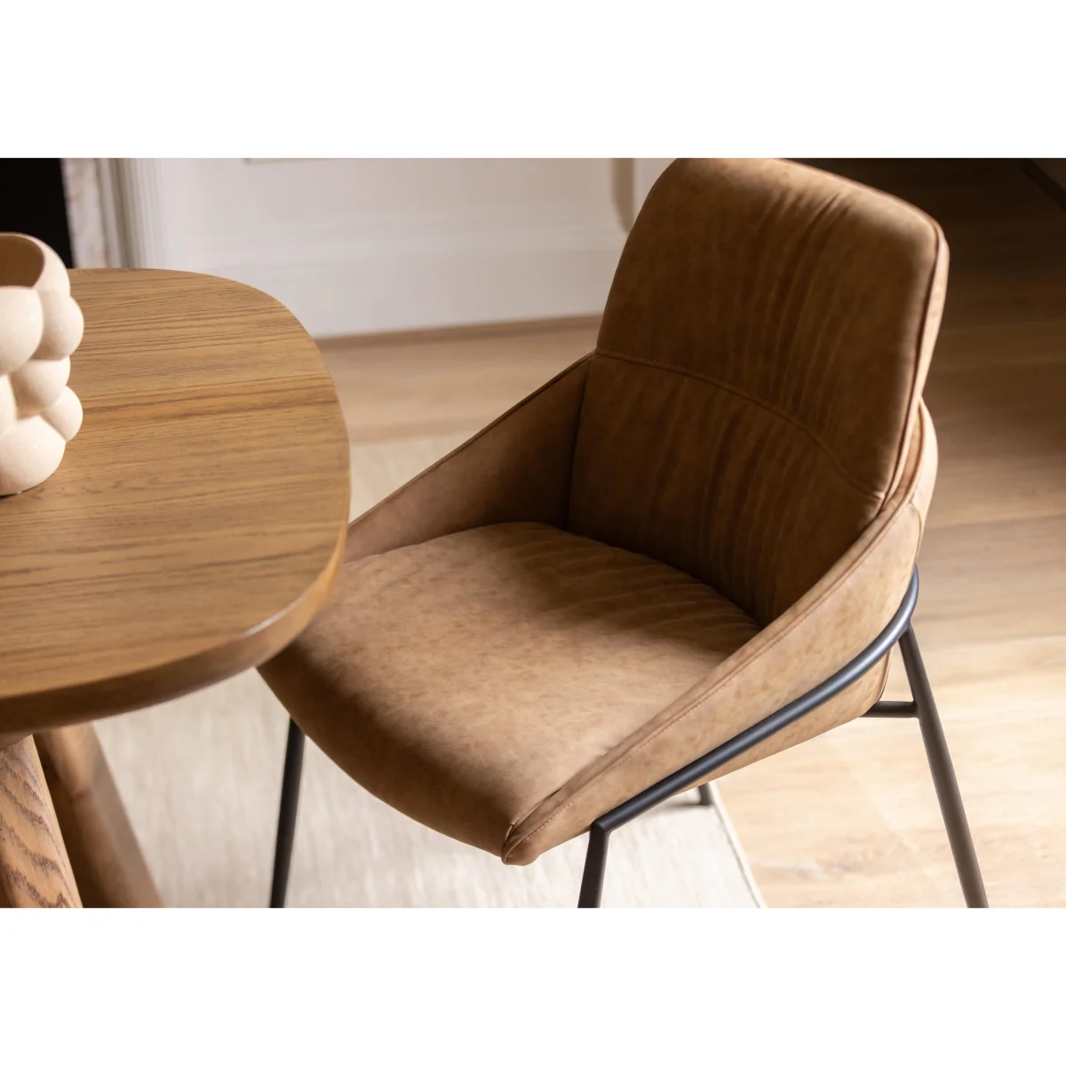 Pien Large Boat Shaped Oak Fixed Dining Table, 4 Faux Leather Chairs with Metal Legs and a Large Bench - In Time for Christmas – image 5