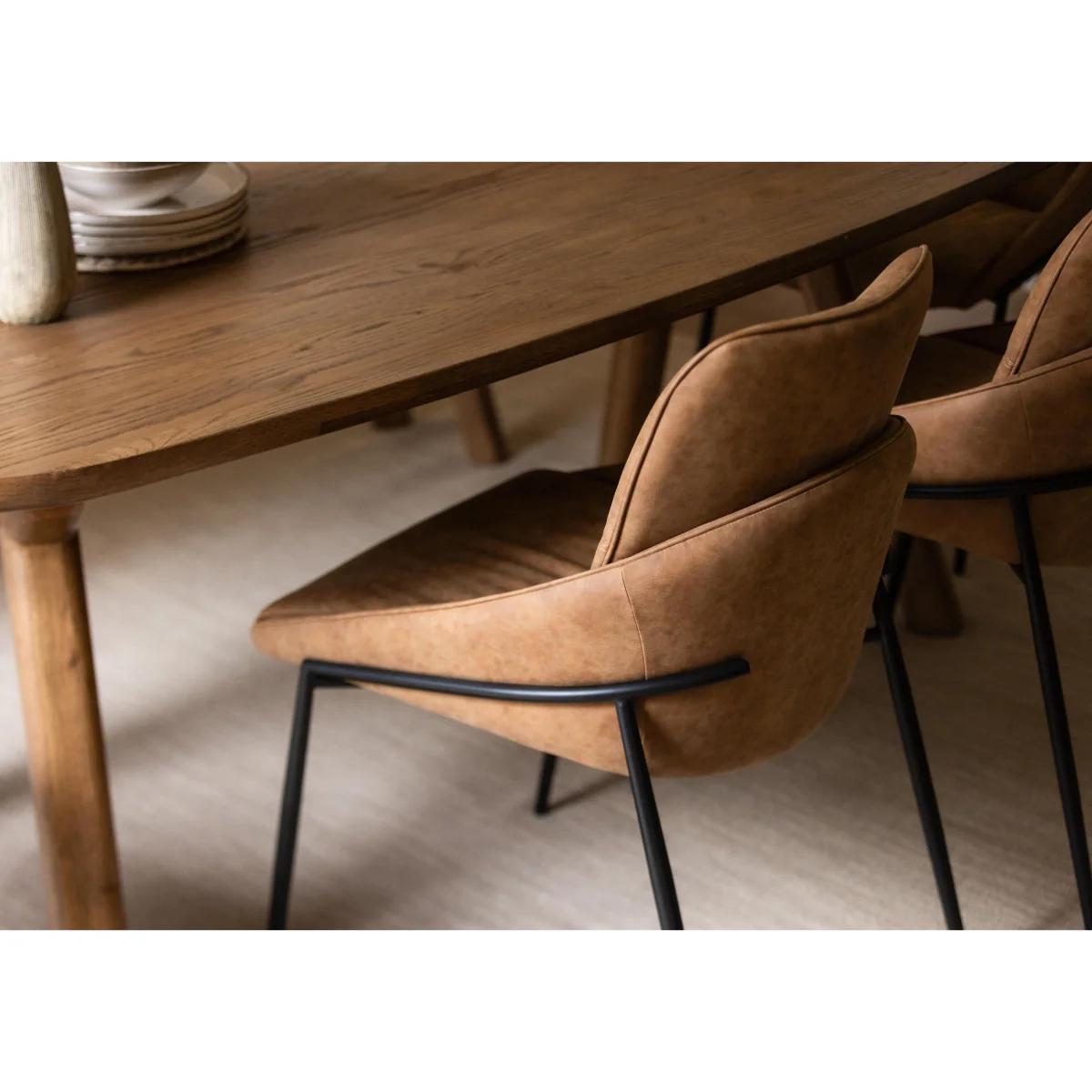 Pien Large Boat Shaped Oak Fixed Dining Table, 4 Faux Leather Chairs with Metal Legs and a Large Bench - In Time for Christmas – image 6