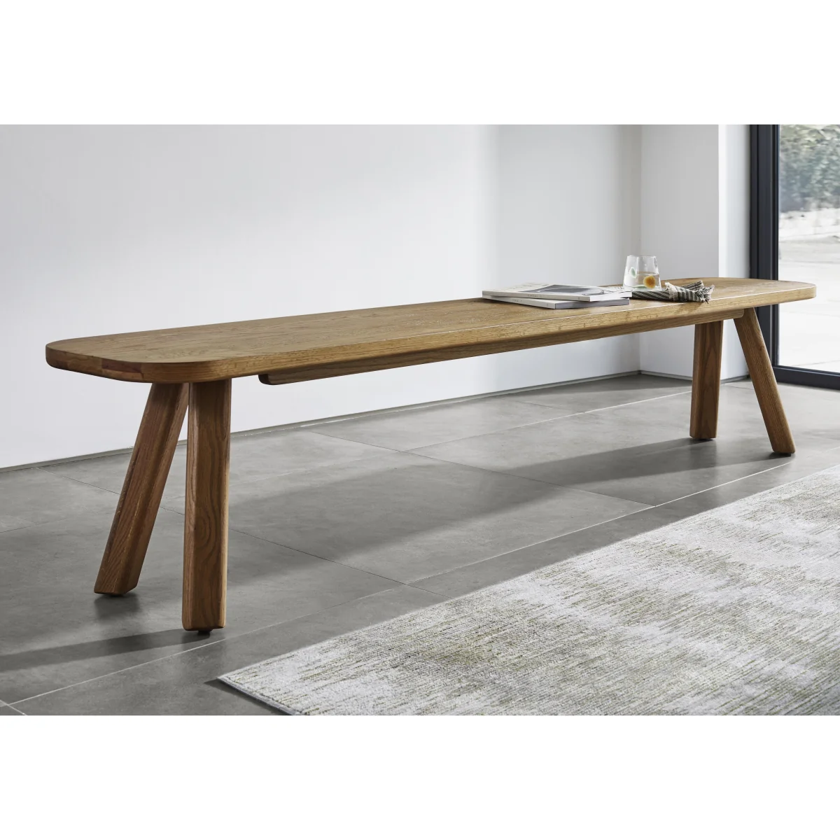 Pien Large Boat Shaped Oak Fixed Dining Table, 4 Faux Leather Chairs with Metal Legs and a Large Bench - In Time for Christmas – image 7