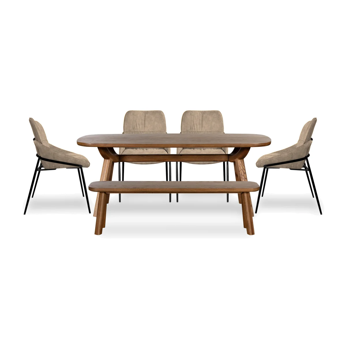 Pien Large Boat Shaped Oak Fixed Dining Table, 4 Faux Leather Chairs with Metal Legs and a Large Bench - In Time for Christmas – image 1