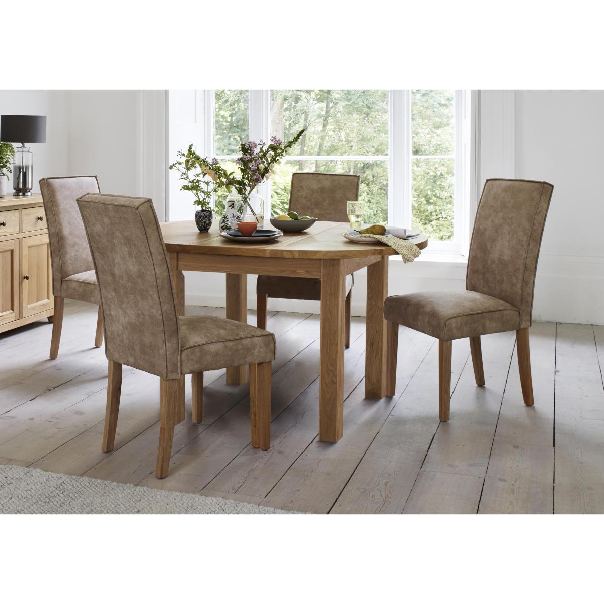 Furnitureland - California Round Solid Oak Extending Dining Table and 4 Faux Suede Dining Chairs – image 2