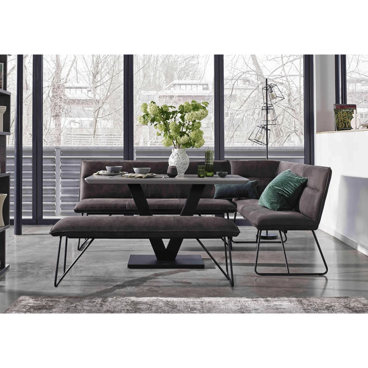 Ruben Dining Table with a Faux Suede Right Hand Facing Corner Bench and Standard Bench – image 2