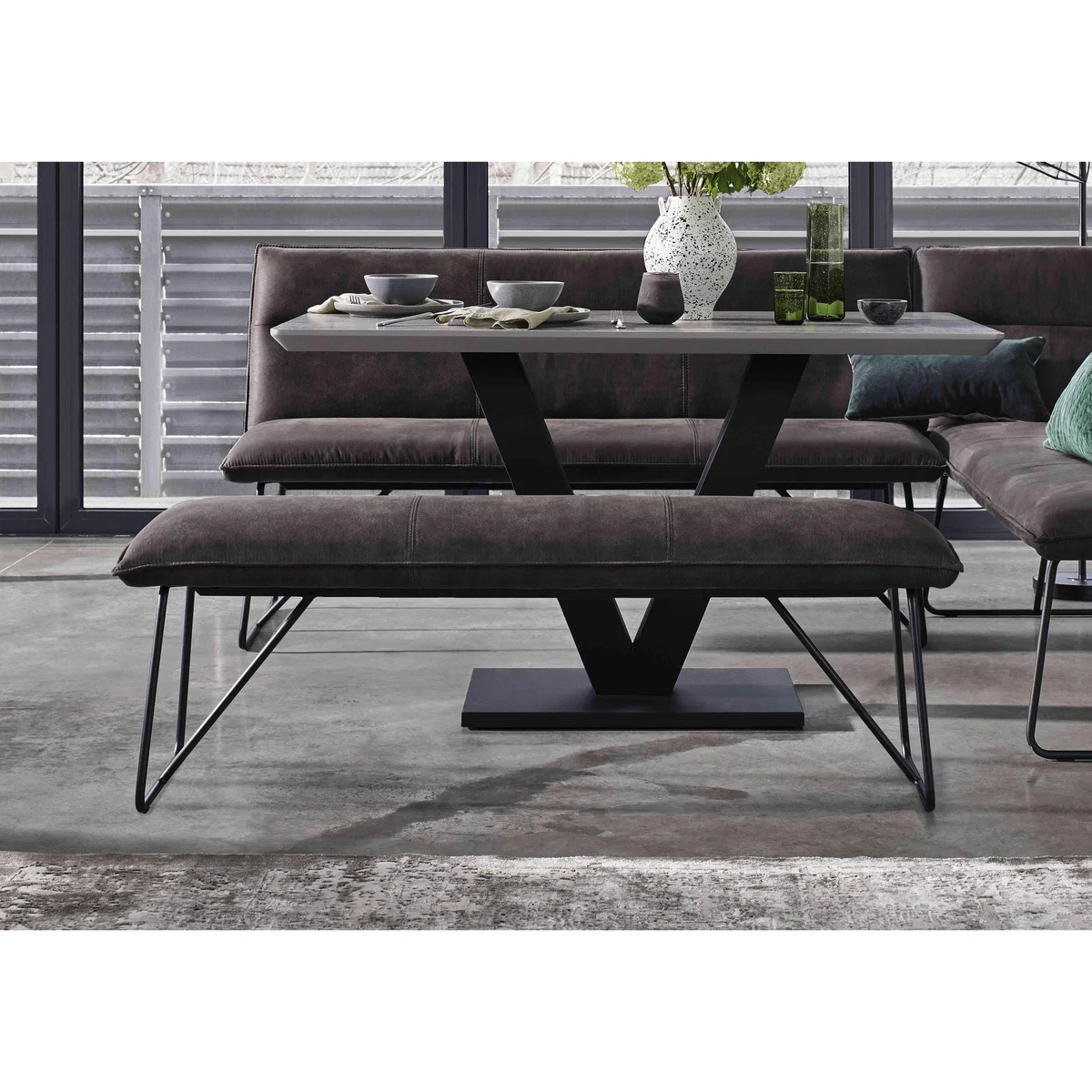 Ruben Dining Table with a Faux Suede Right Hand Facing Corner Bench and Standard Bench – image 4