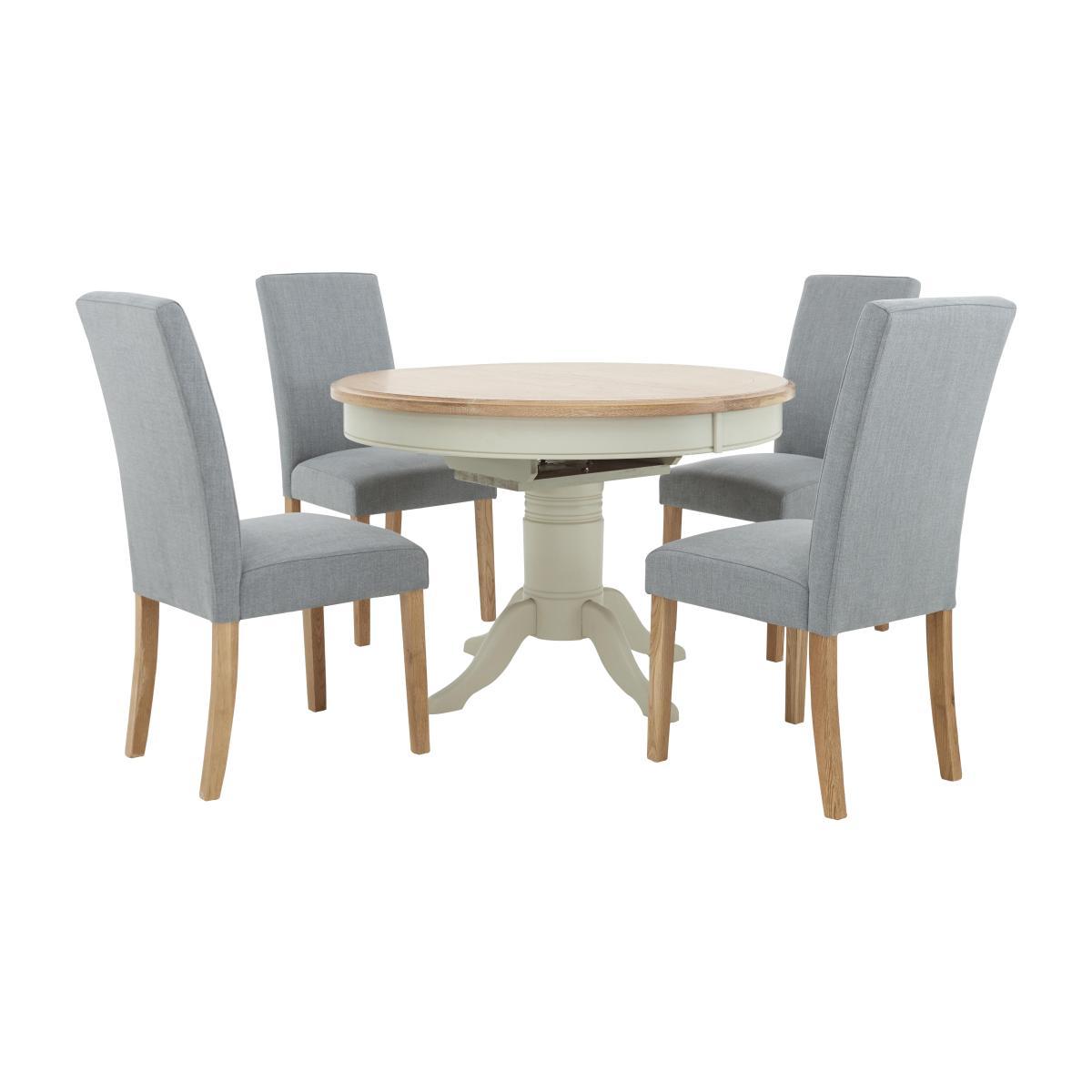 Furnitureland - Angeles Round Extending Dining Table and 4 Fabric Dining Chairs in Nickel - Grey