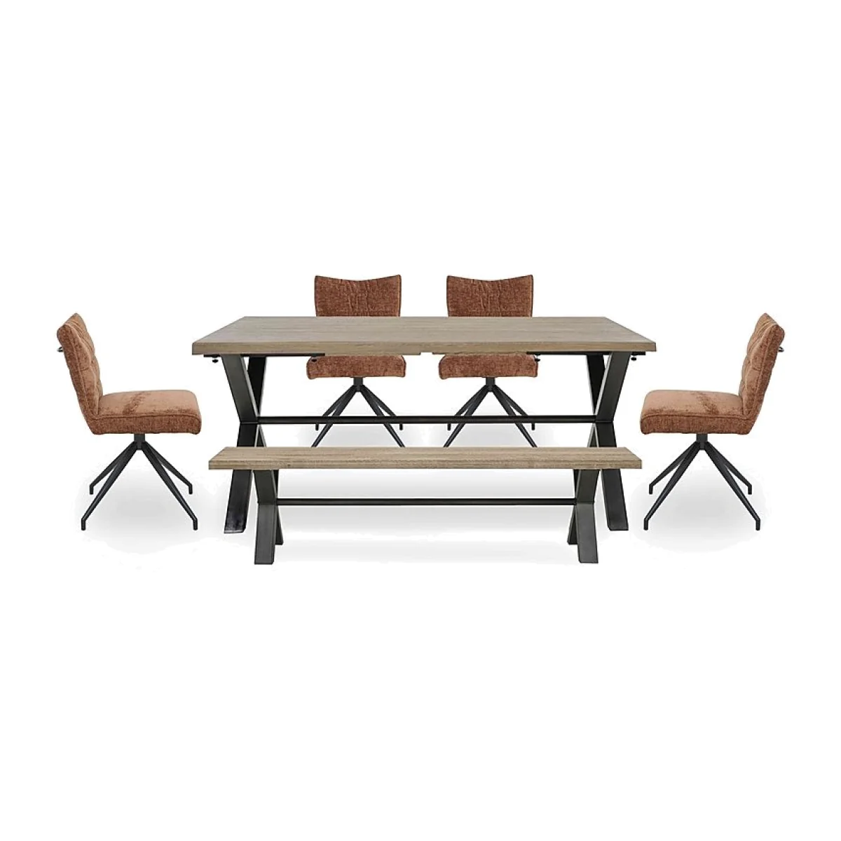Saturn Large Straight Edge Dining Table with a Bench and 4 Swivel Chairs