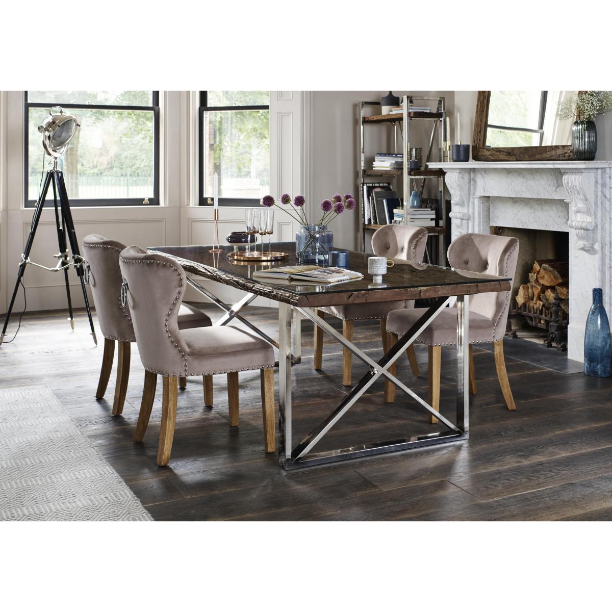 Chennai Dining Table with X-Shaped Legs and 6 Upholstered Dining Chairs - 220-cm - Brown – image 2