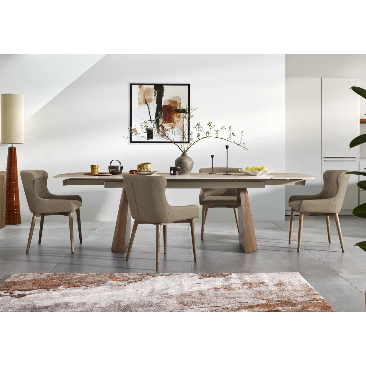 Sansa Rectangular Draw Leaf Extending Dining Table and 4 Faux Leather Chairs with Wooden Legs - Taupe - In Time for Christmas – image 2