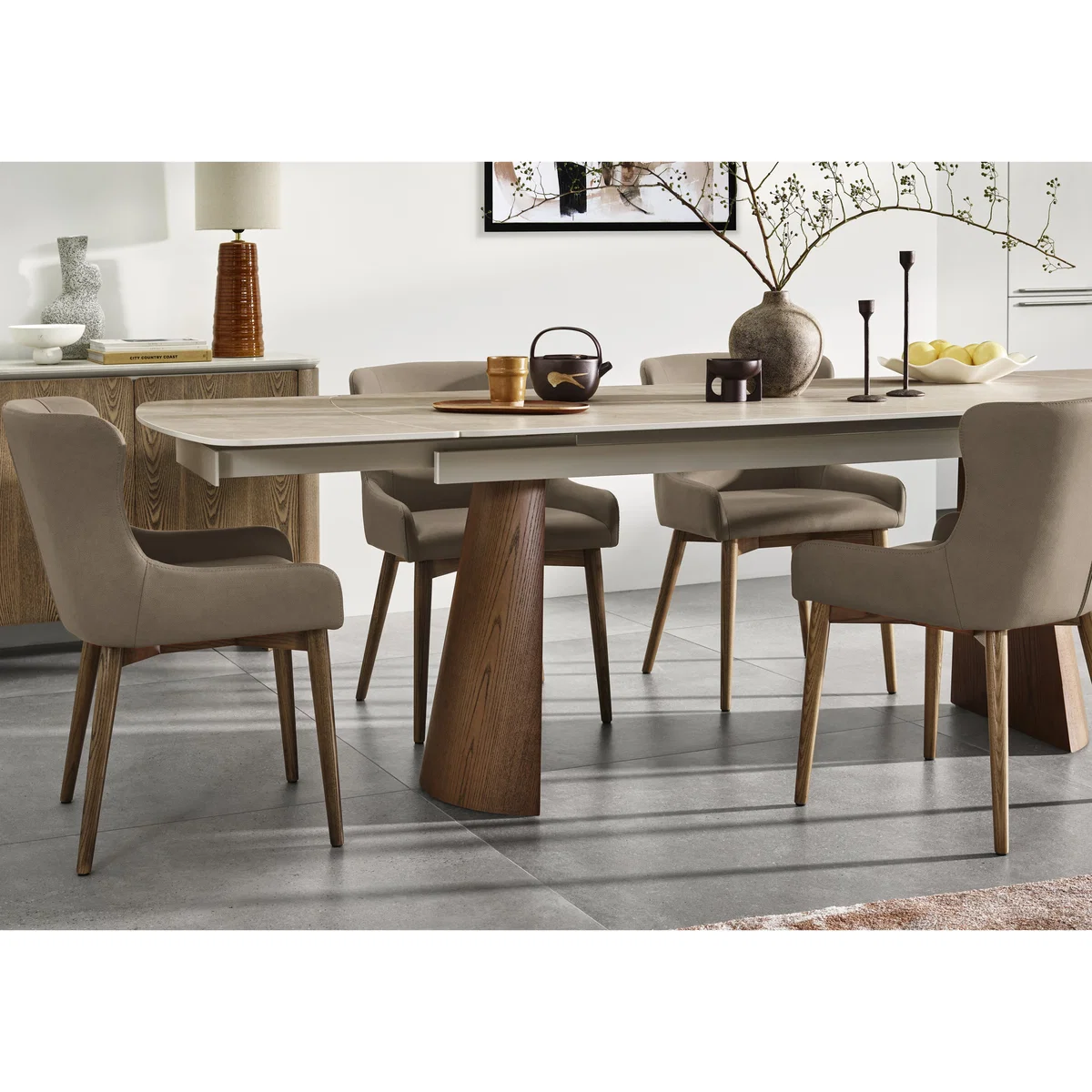 Sansa Rectangular Draw Leaf Extending Dining Table and 4 Faux Leather Chairs with Wooden Legs - Taupe - In Time for Christmas – image 3