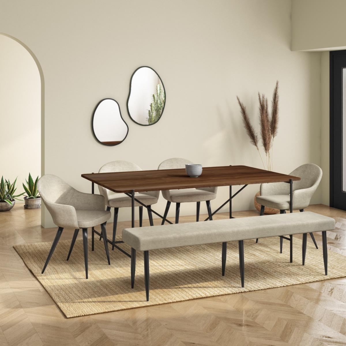 Walnut Dining Table with 4 Beige Fabric Dining Chairs and Matching Dining Bench - Cooper – image 1