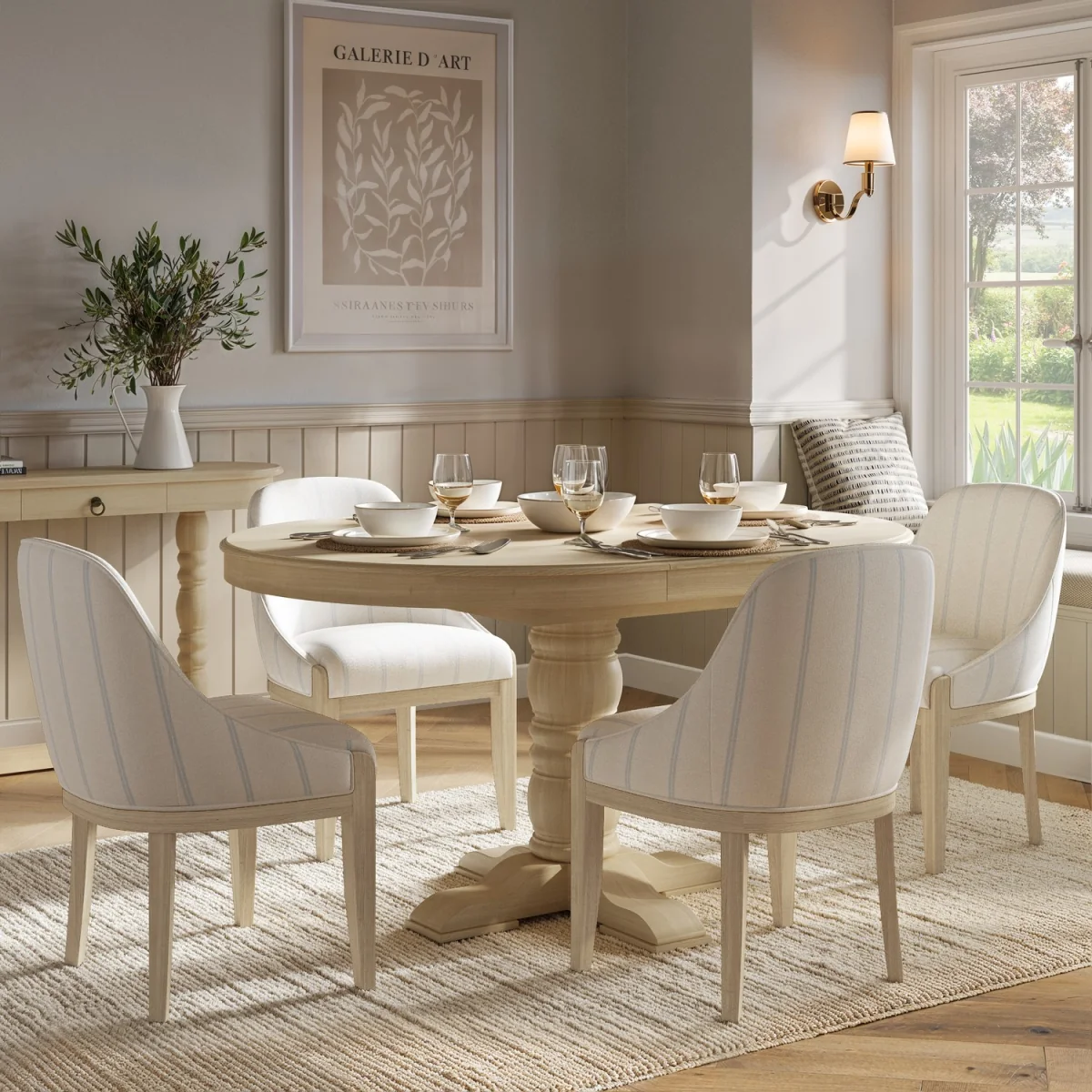 Farmhouse Round Extending Pedestal Dining Table Set with 4 Cream Upholstered Blue Striped Dining Chairs - Madeline – image 2