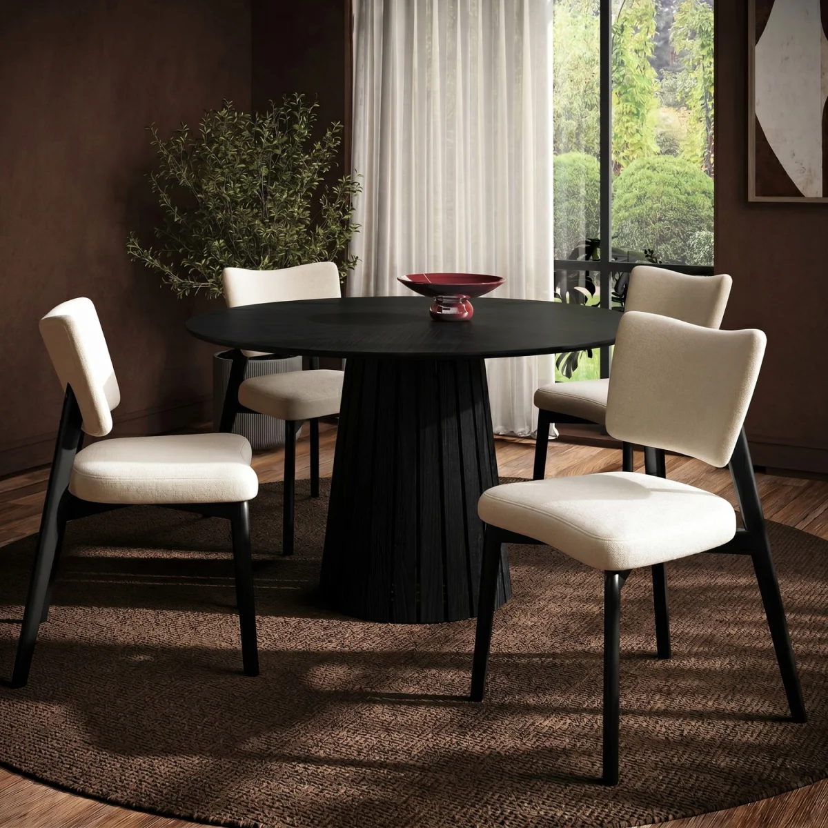 Round Black Dining Table Set with 4 Beige Upholstered Curved Back Dining Chairs - Seats 4 - Owen – image 1