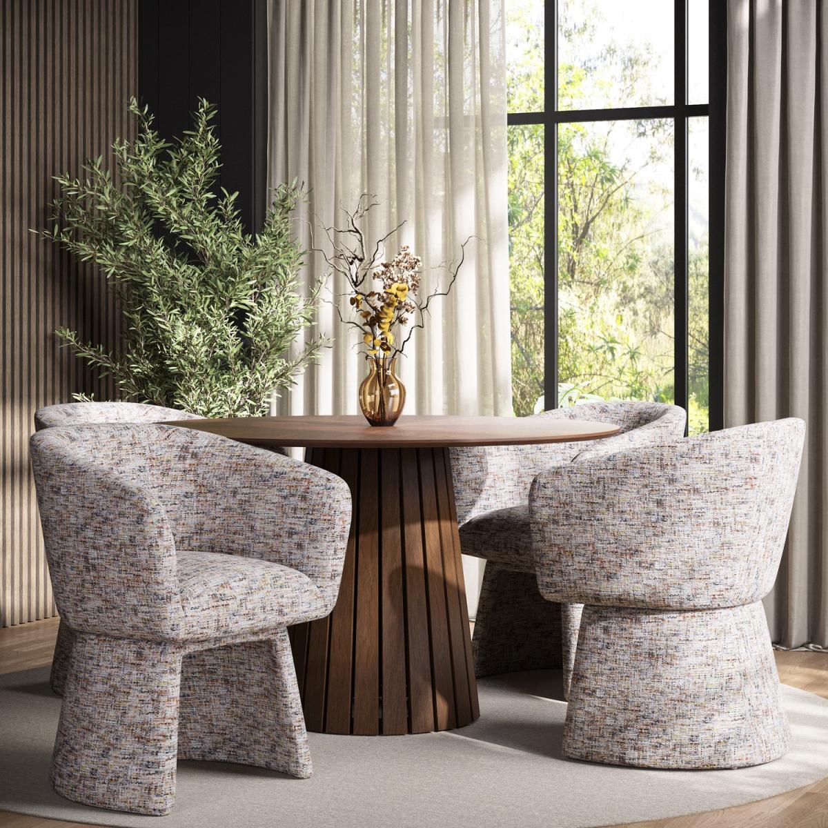 Round Walnut Dining Table Set with 4 Multi Coloured Fabric Swivel Tub Dining Chairs - Owen – image 1