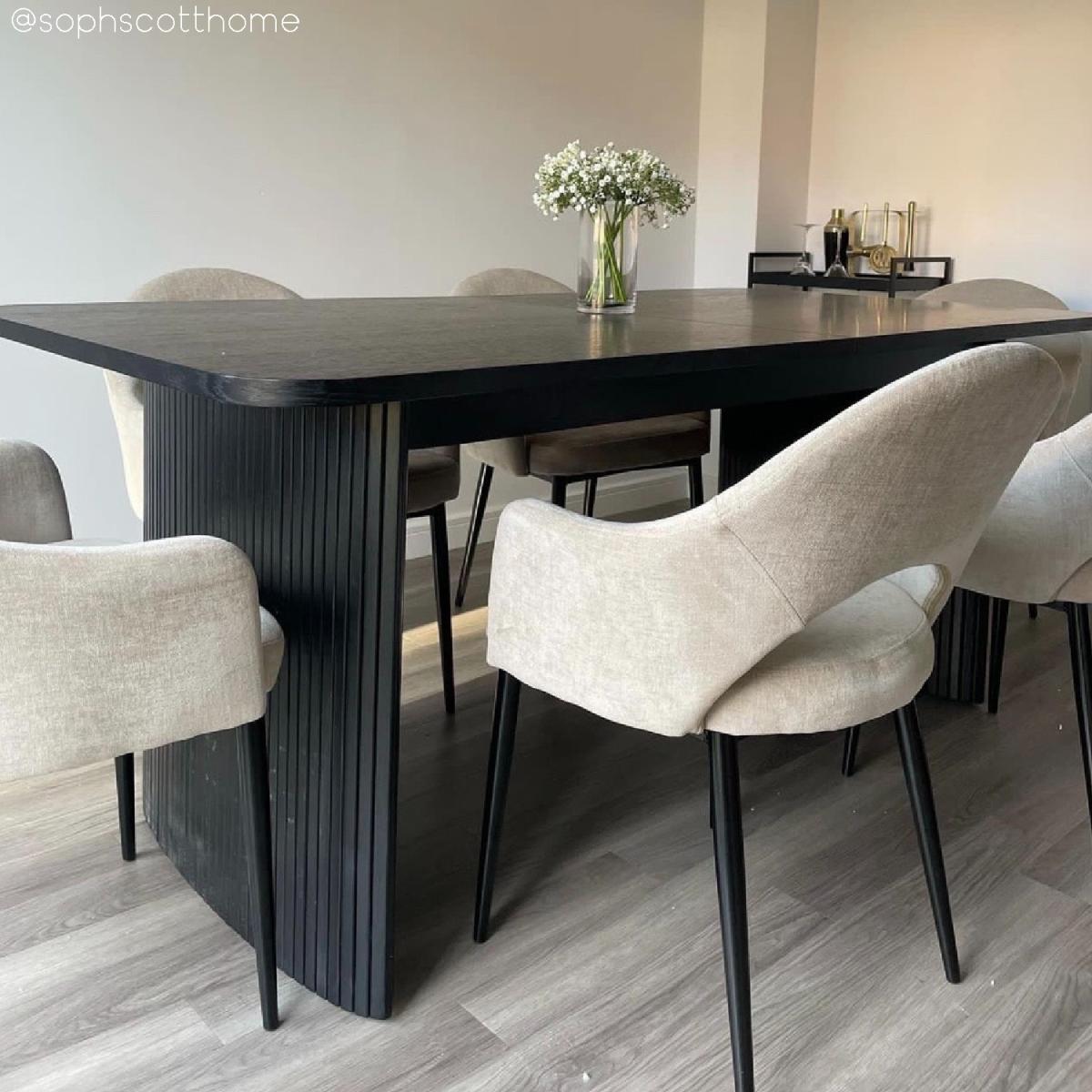 Large Black Oak Dining Table with 6 Beige Fabric Dining Chairs - Jarel – image 10