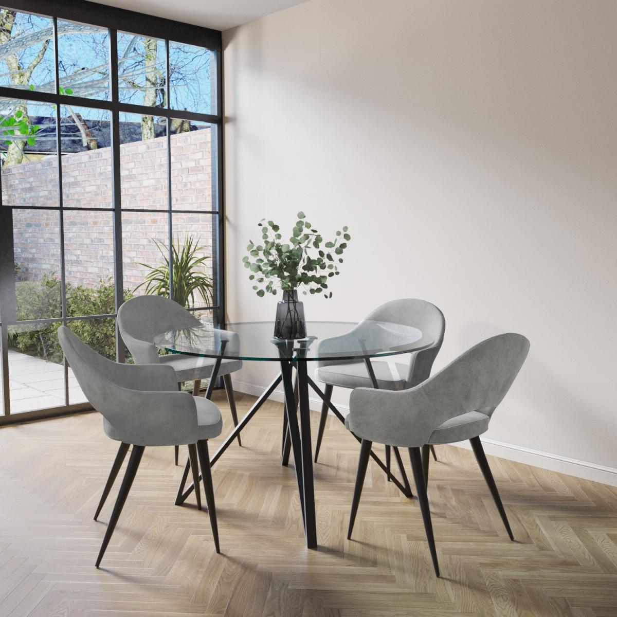 Small Round Glass Dining Table with 4 Grey Fabric Dining Chairs - Dax – image 1