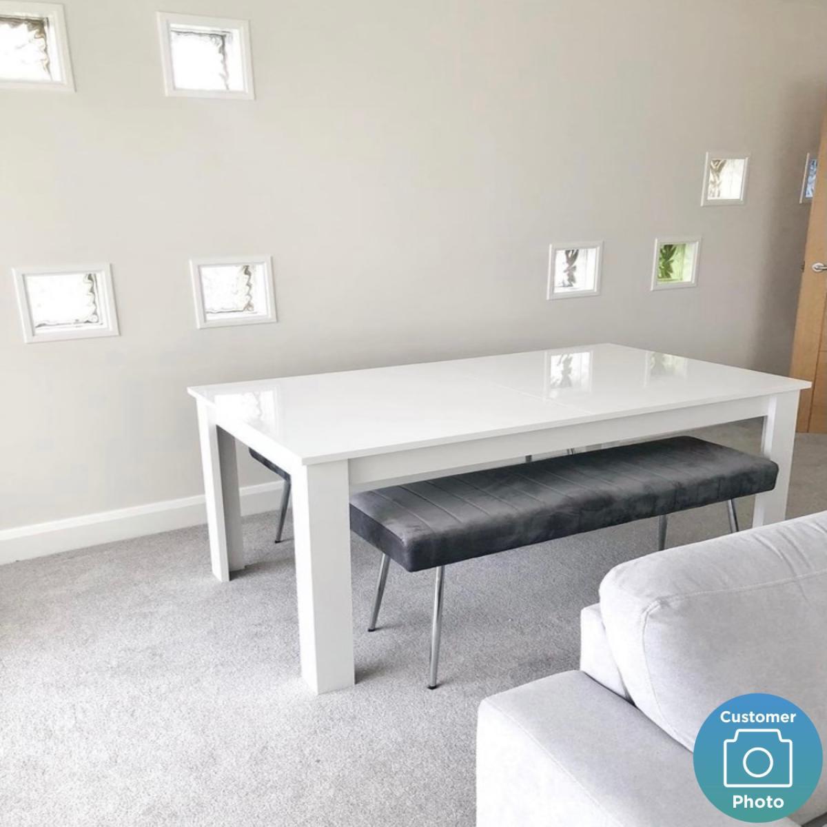 White Extendable Gloss Dining Set with 2 Grey & Chrome Dining Benches – image 7