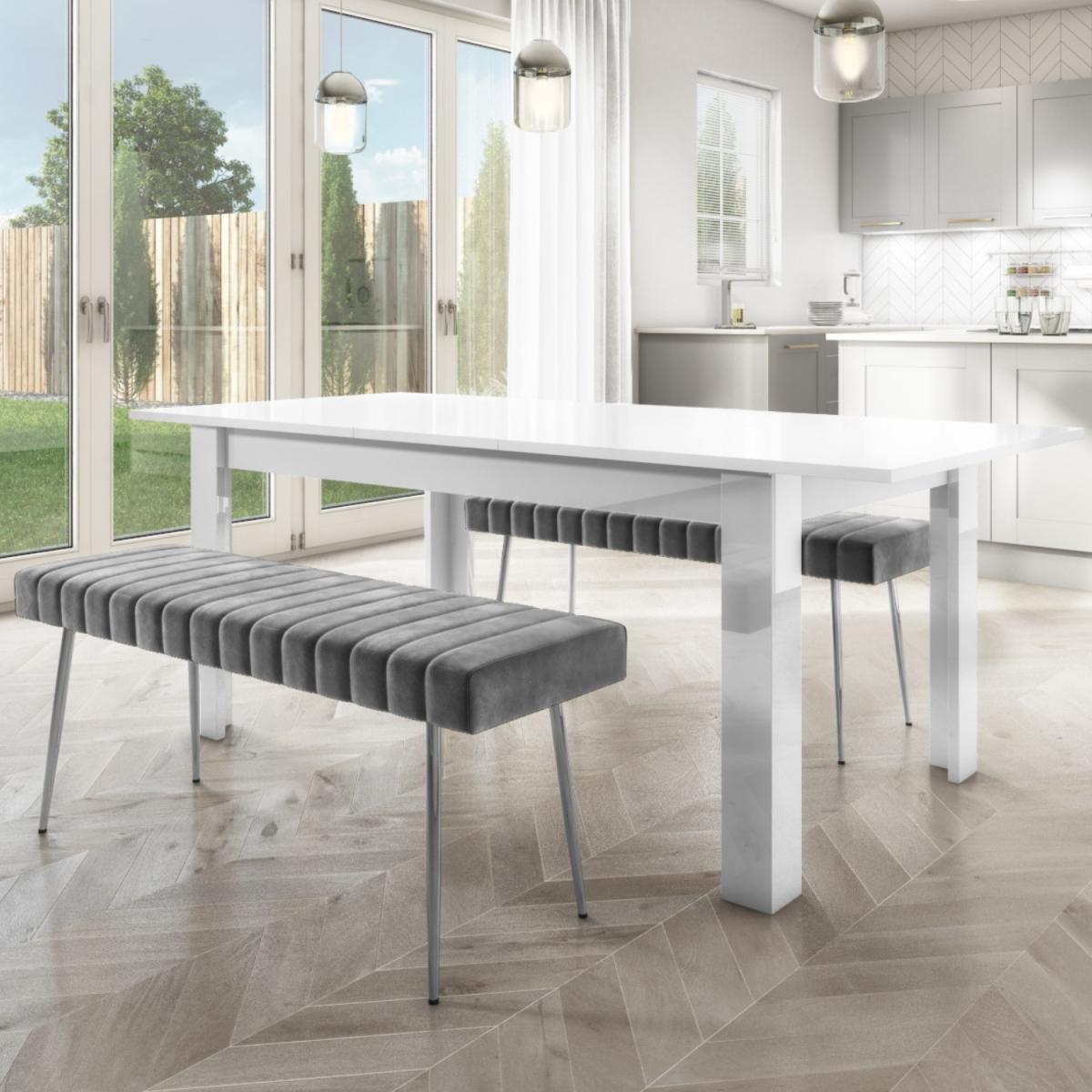 White Extendable Gloss Dining Set with 2 Grey & Chrome Dining Benches – image 1