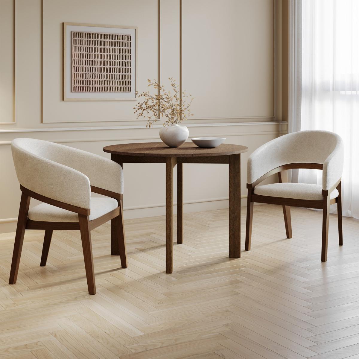 Small Walnut Drop Leaf Extendable Dining Table Set with 2 Upholstered Beige Chairs - Seats 2 - Nell – image 1