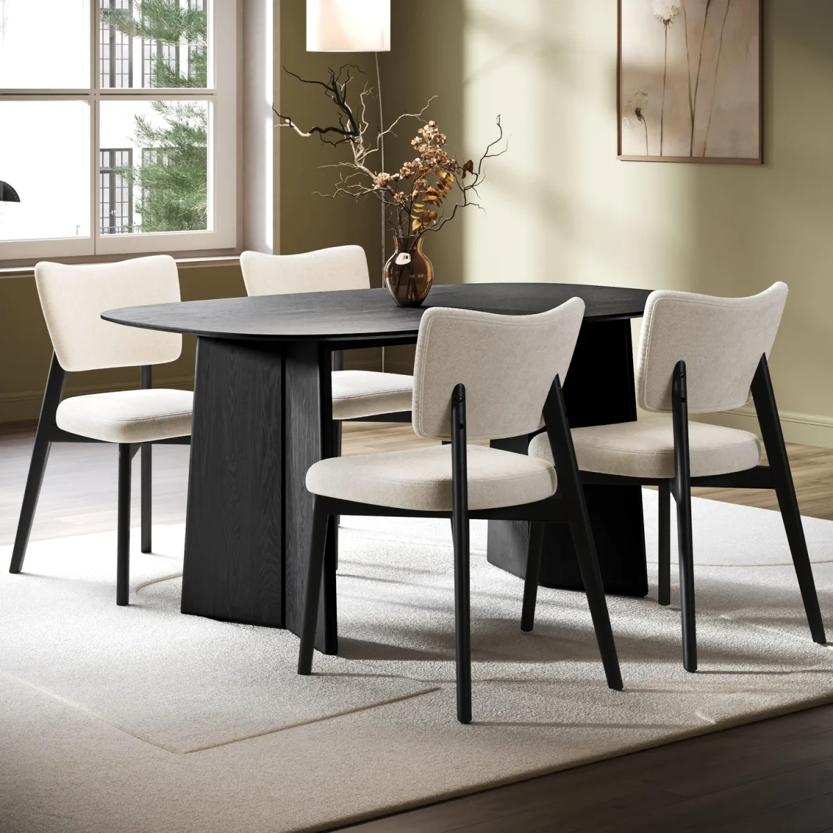 Black Dining Table Set with 4 Beige Upholstered Curved Back Dining Chairs - Seats 4 - Rivo – image 1