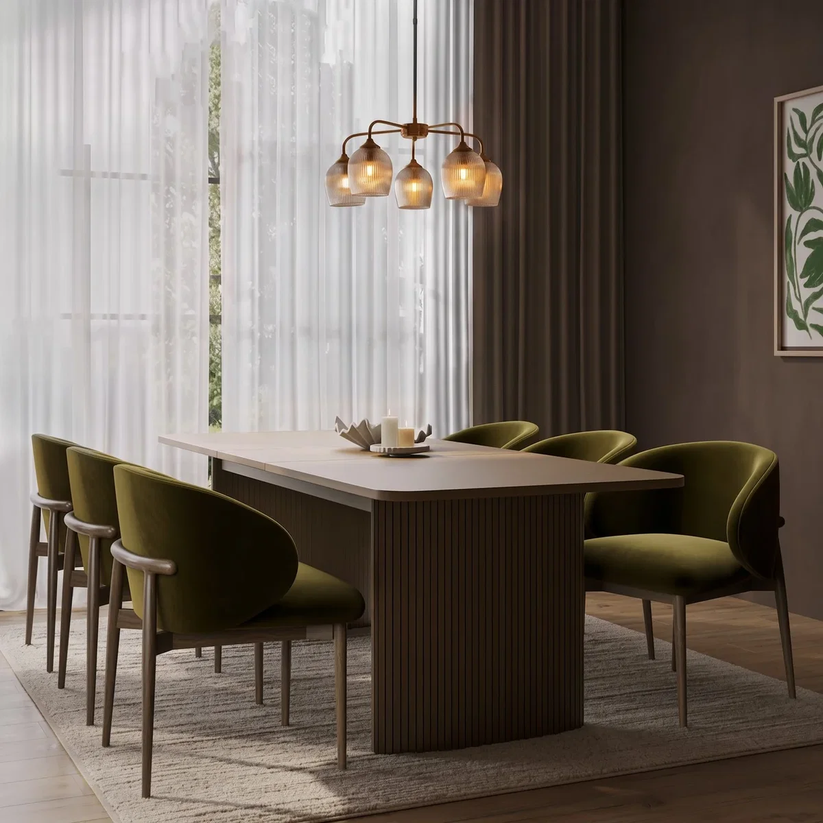 Walnut Finish Extendable Dining Table Set with 6 Green Upholstered Curved Dining Chairs - Seats 6 - Jarel – image 1
