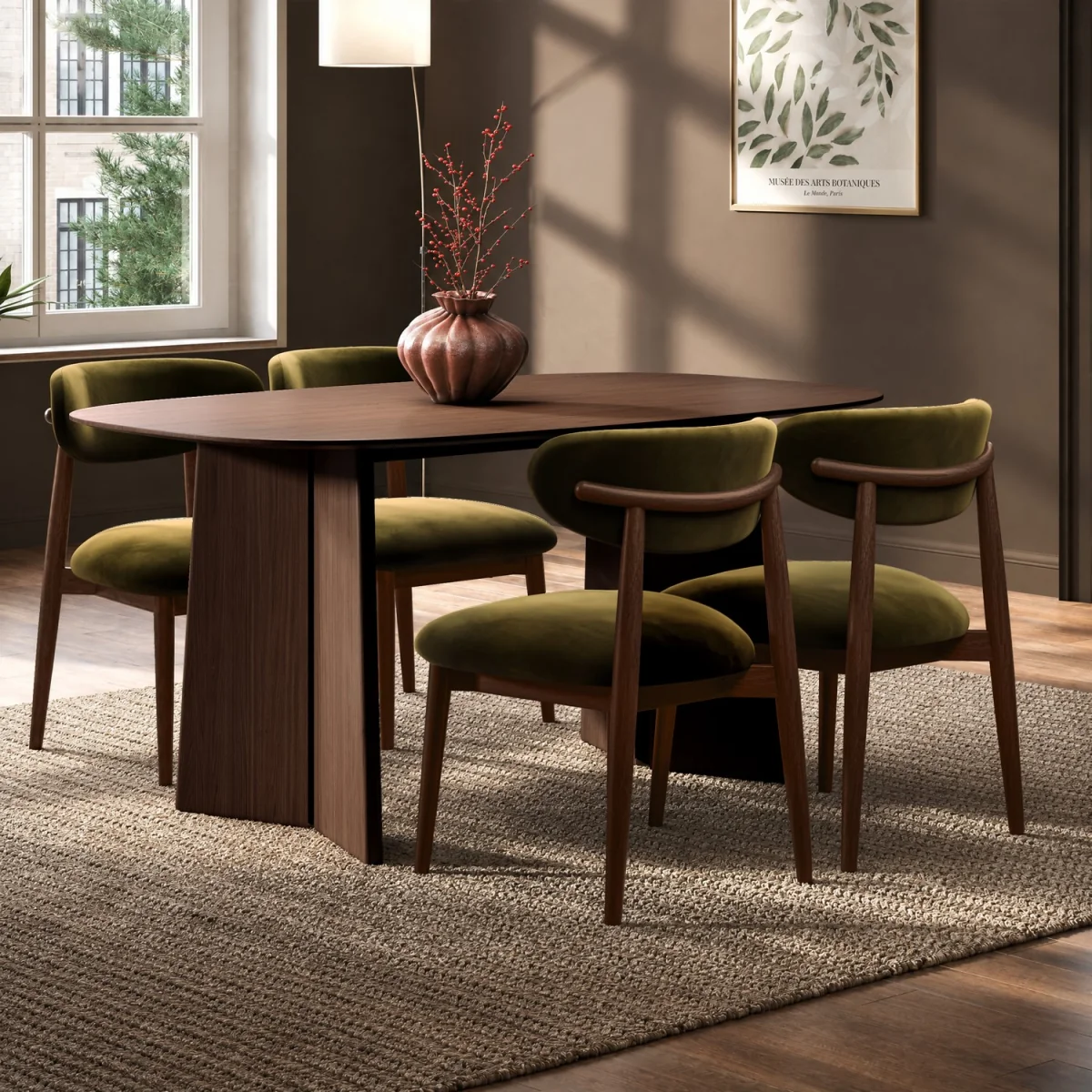 Walnut Dining Table Set with 4 Green Upholstered Dining Chairs - Rivo – image 1