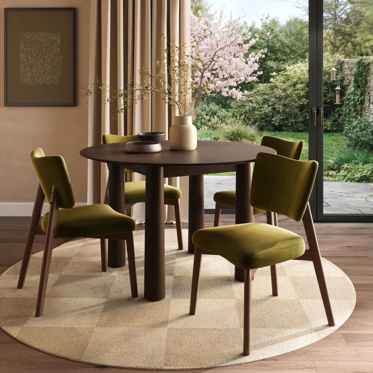 Round Walnut Dining Table Set with 4 Olive Green Velvet Curved Back Dining Chairs - Seats 4 - Hana – image 1