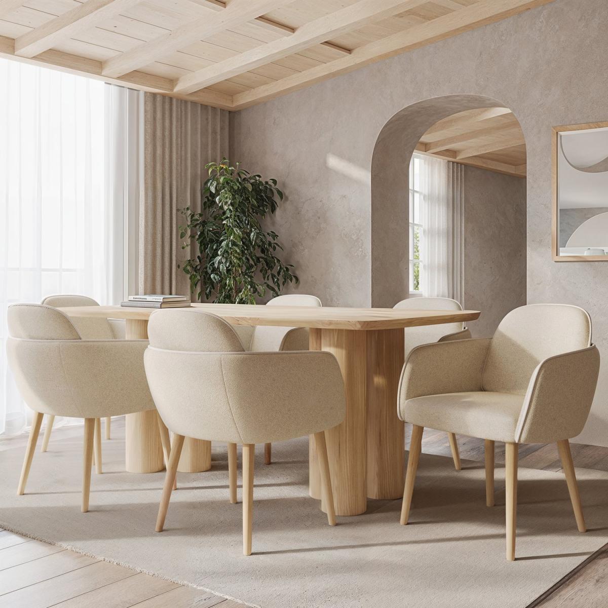 Pillar Oak Dining Table with 6 Carver Piped Beige Dining Chairs - Gianna – image 1