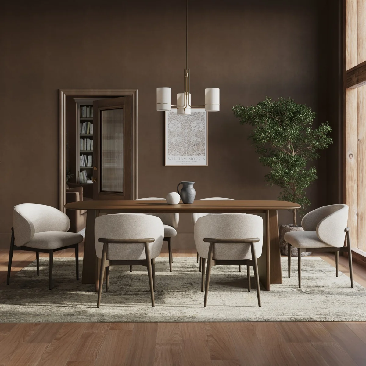 Walnut Dining Table Set with 6 Beige Upholstered Curved Dining Chairs - Seats 6 - Noor – image 2