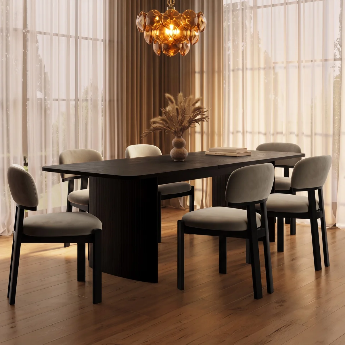Black Oak Extendable Dining Table with 6 Mink Velvet Wooden Dining Chairs - Jare – image 1