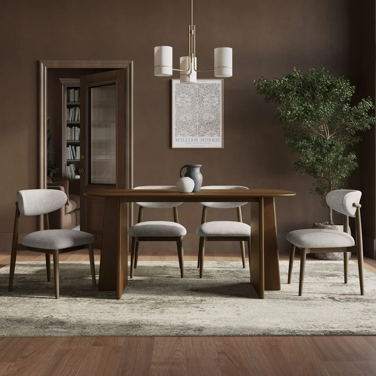 Walnut Dining Table Set with 4 Beige Upholstered Dining Chairs - Seats 4 - Noor – image 2