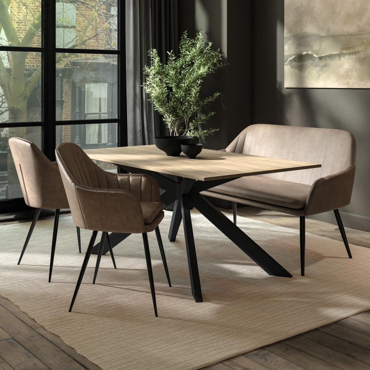 Oak Dining Table Set with 2 Beige Faux Leather Chairs and 1 Bench with Back - Seats 4 - Carson – image 1