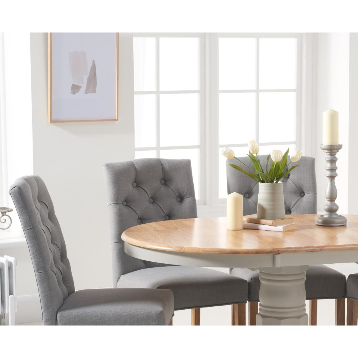 Epsom Oak and Grey Painted Pedestal Extending Dining Table With 6 Grey Isabella Grey Fabric Dining Chairs – image 2
