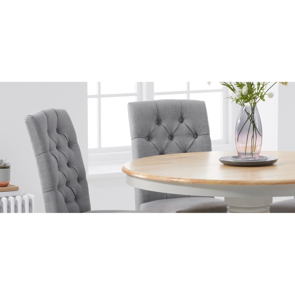 Epsom Oak and Grey Painted Pedestal Extending Dining Table With 6 Grey Isabella Grey Fabric Dining Chairs – image 11