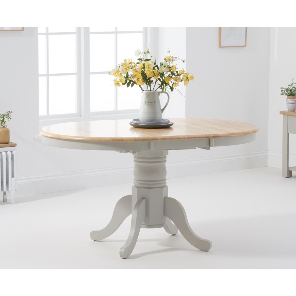 Epsom Oak and Grey Painted Pedestal Extending Dining Table With 6 Grey Isabella Grey Fabric Dining Chairs – image 12