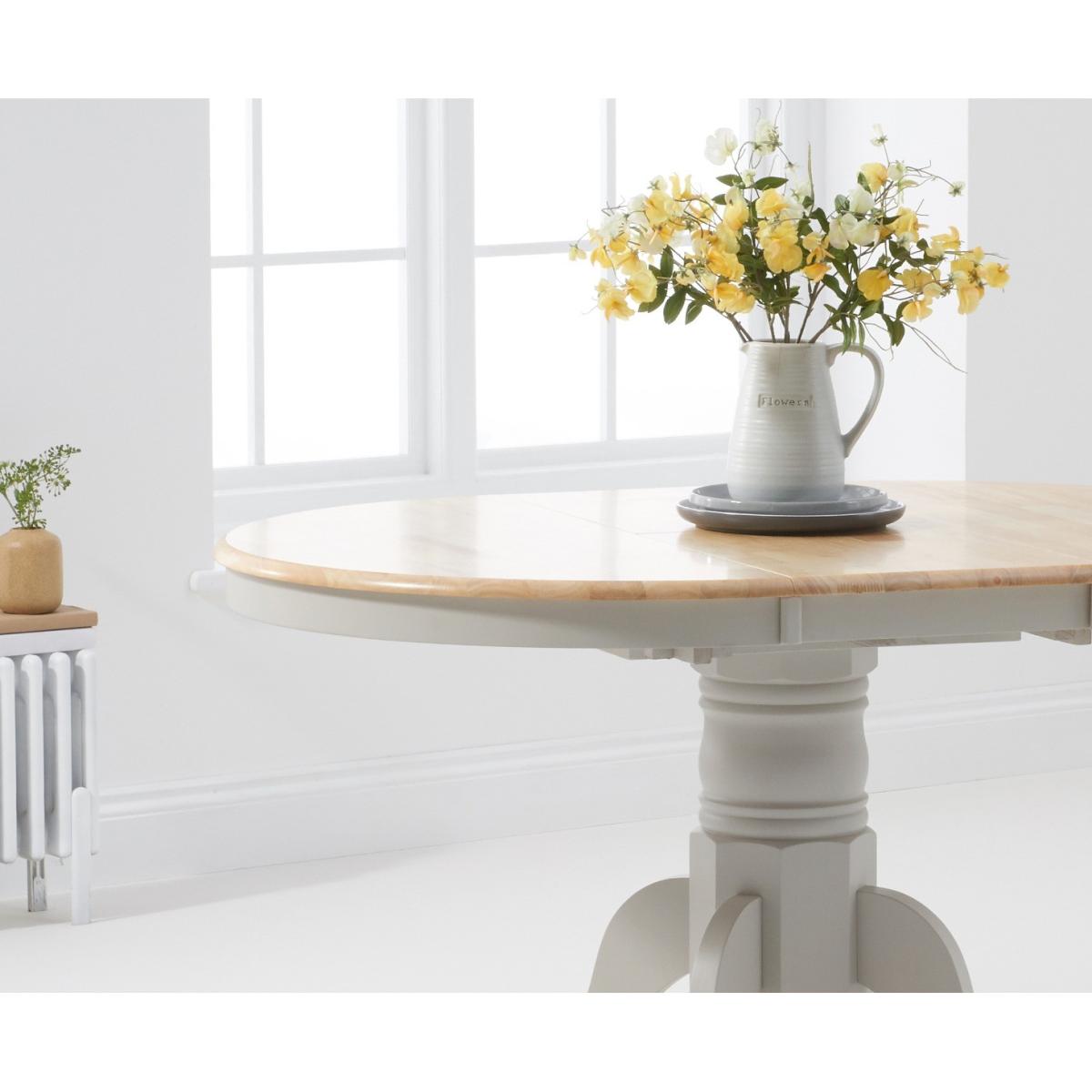 Epsom Oak and Grey Painted Pedestal Extending Dining Table With 6 Grey Isabella Grey Fabric Dining Chairs – image 13