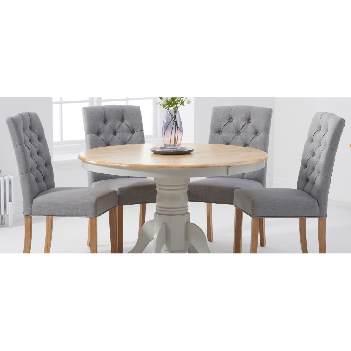 Epsom Oak and Grey Painted Pedestal Extending Dining Table With 6 Grey Isabella Grey Fabric Dining Chairs – image 16