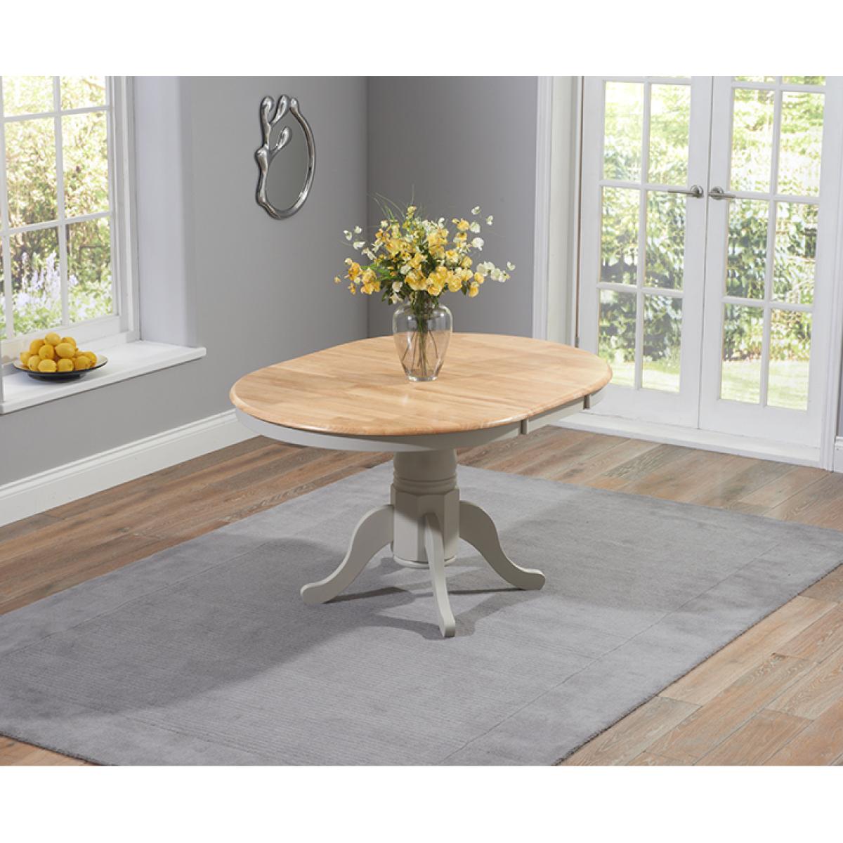 Epsom Oak and Grey Painted Pedestal Extending Dining Table With 6 Grey Isabella Grey Fabric Dining Chairs – image 3