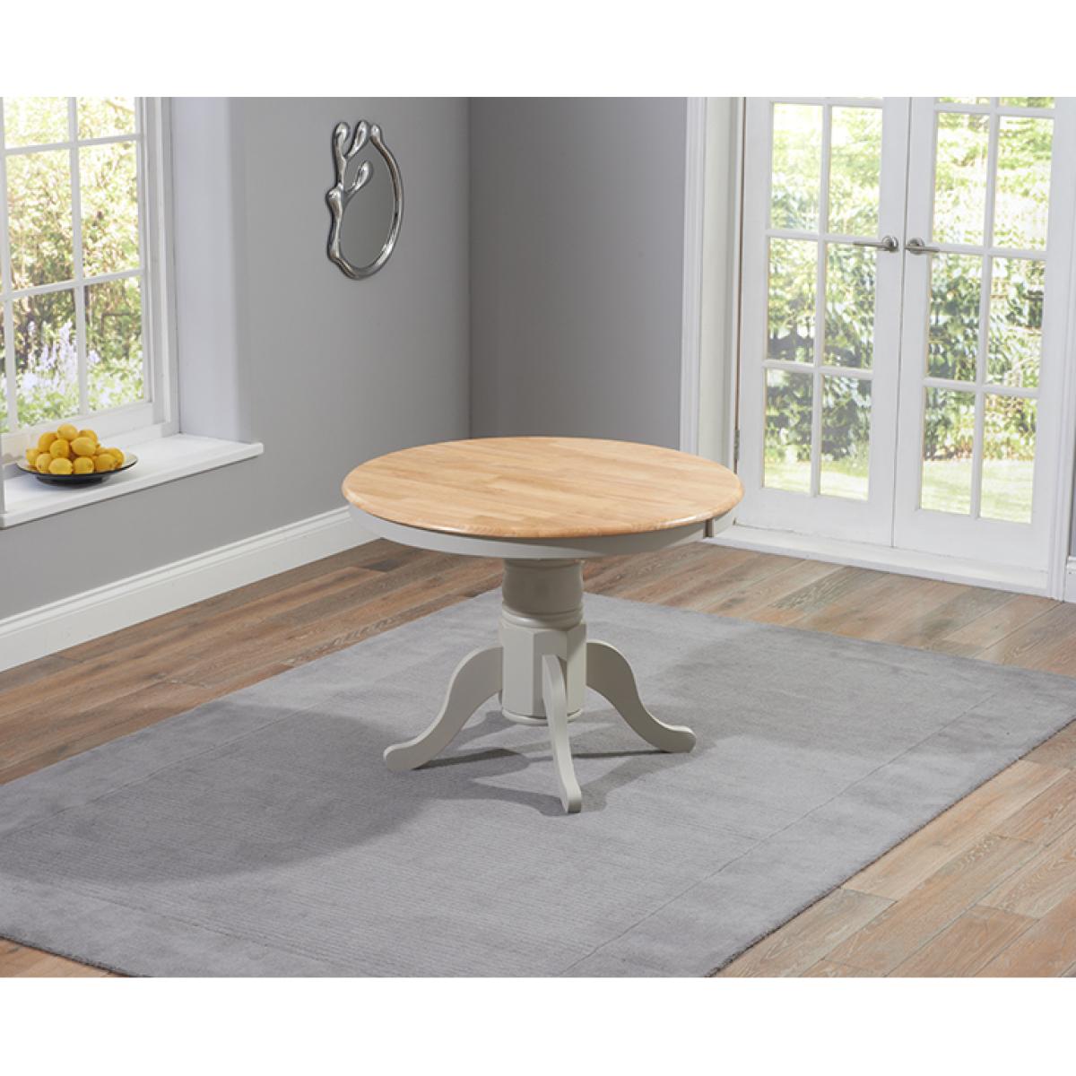 Epsom Oak and Grey Painted Pedestal Extending Dining Table With 6 Grey Isabella Grey Fabric Dining Chairs – image 4