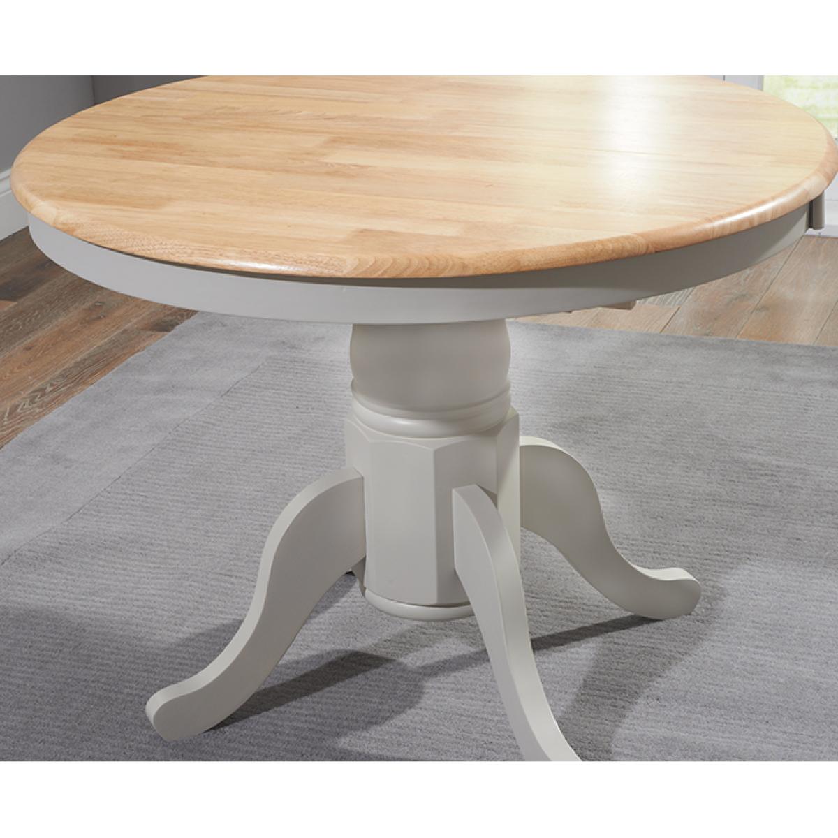 Epsom Oak and Grey Painted Pedestal Extending Dining Table With 6 Grey Isabella Grey Fabric Dining Chairs – image 5