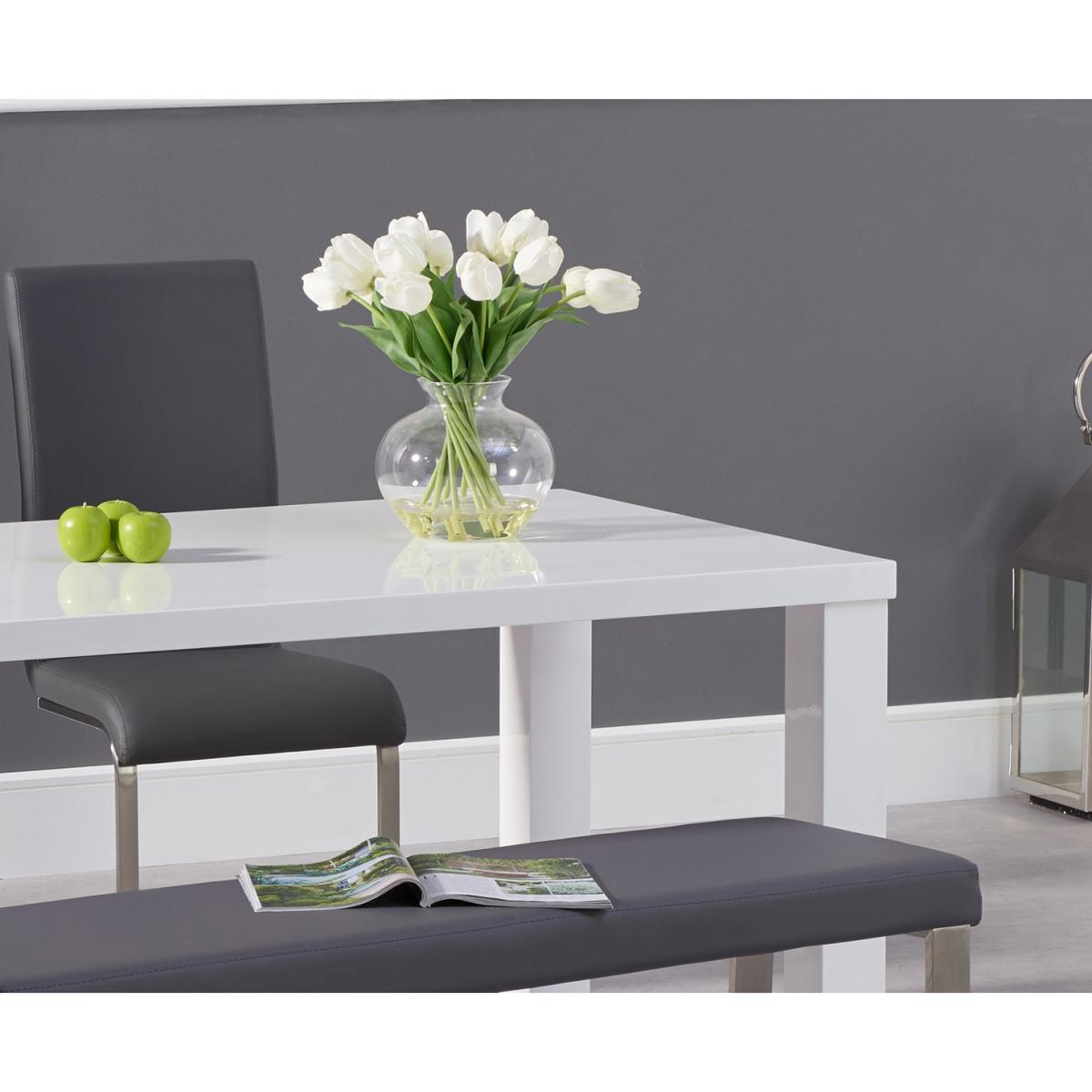 Atlanta 160cm White High Gloss Dining Table with 4 Grey Austin Chairs with 1 Grey Bench – image 2