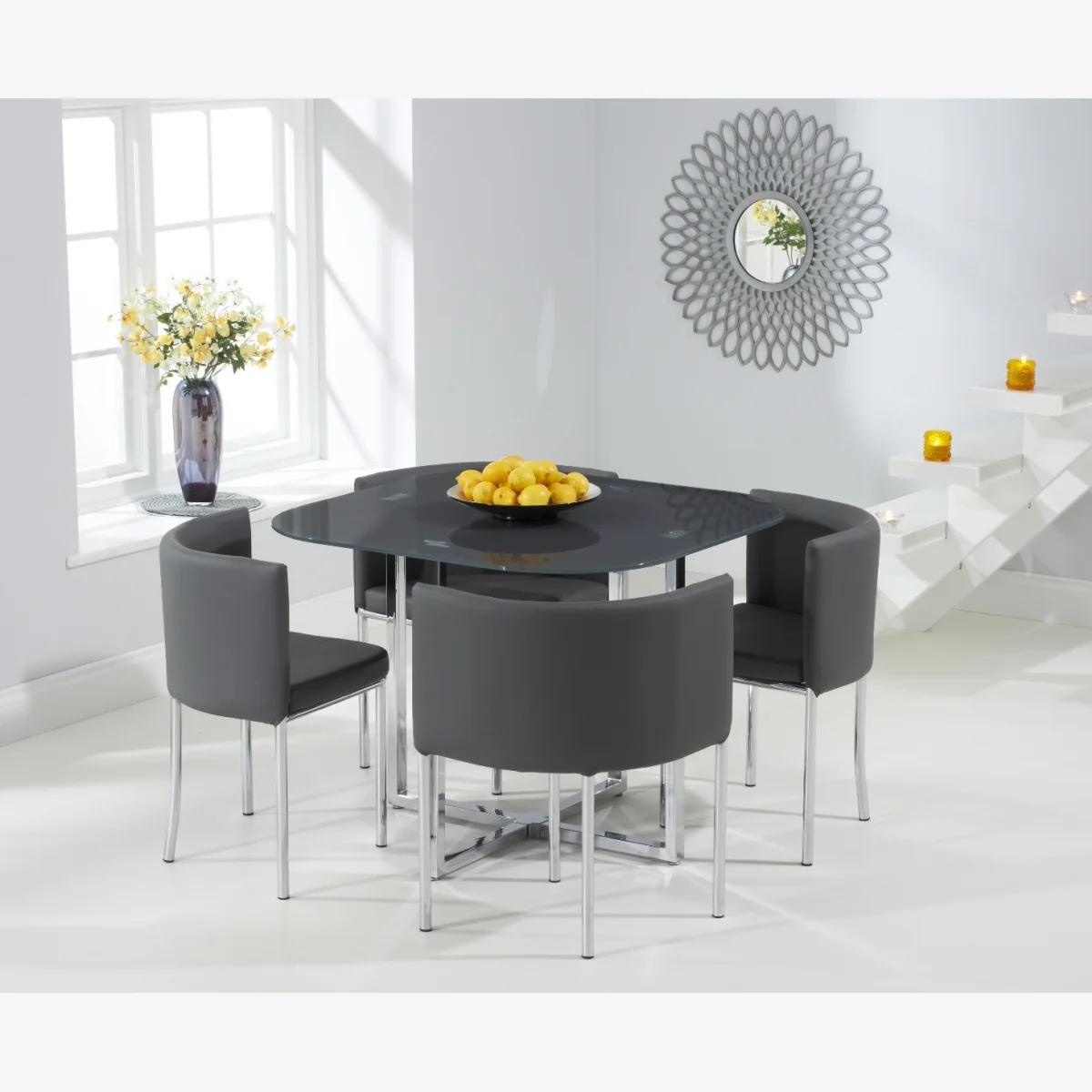 Algarve Grey Glass Dining Table With 4 Grey High Back Stools