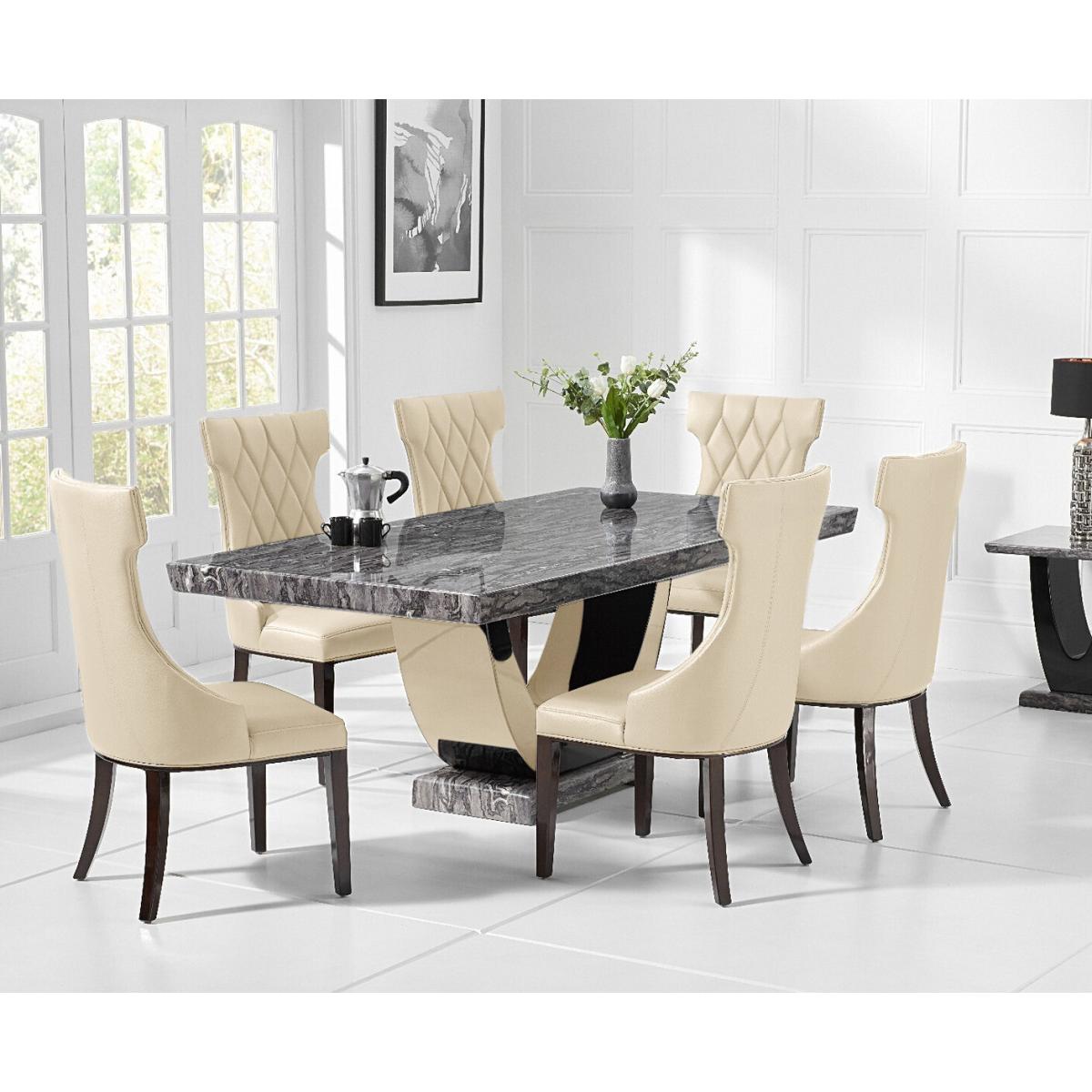Novara 200cm Dark Grey Pedestal Marble Dining Table with 12 Cream Sophia Chairs – image 2