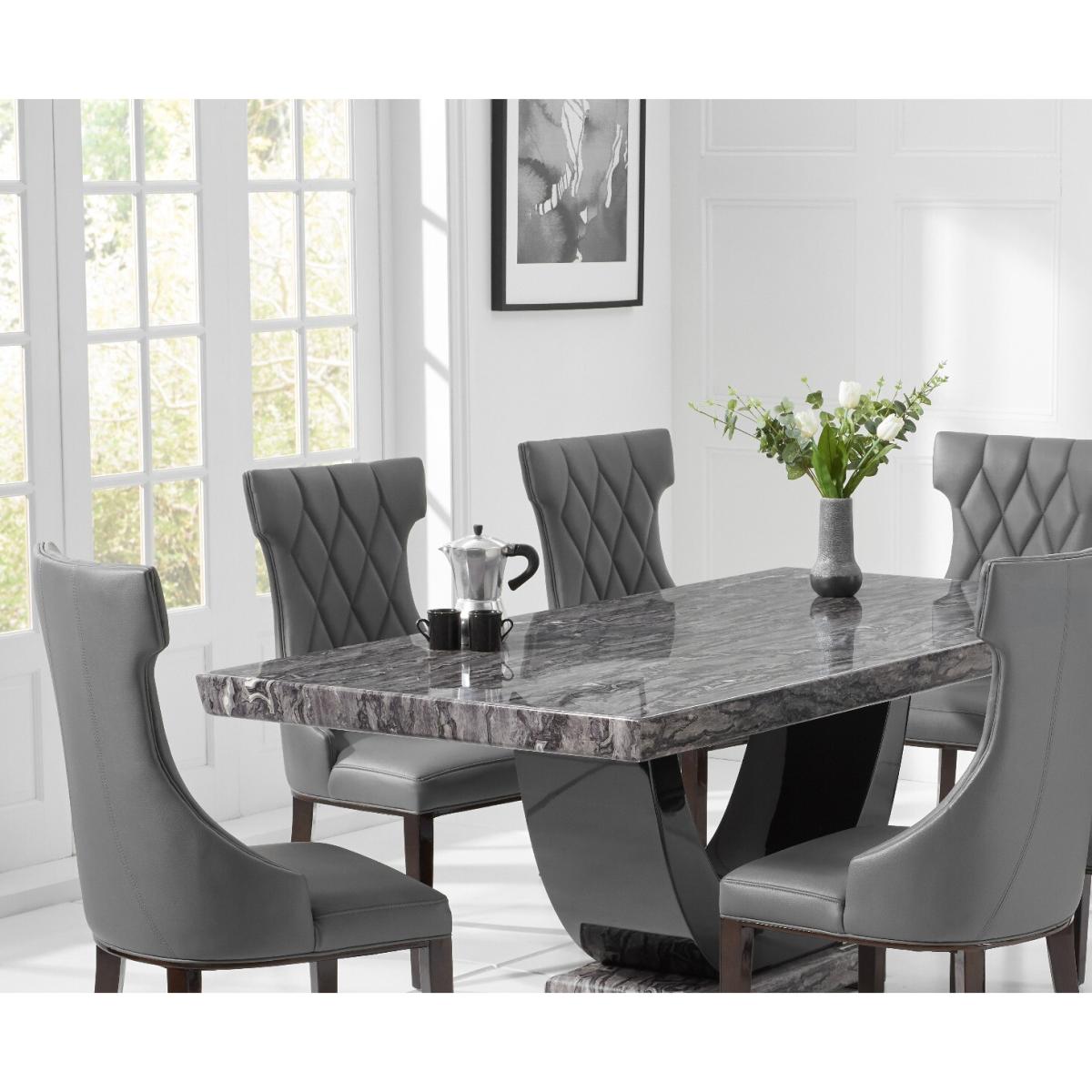 Novara 200cm Dark Grey Pedestal Marble Dining Table with 12 Cream Sophia Chairs – image 3