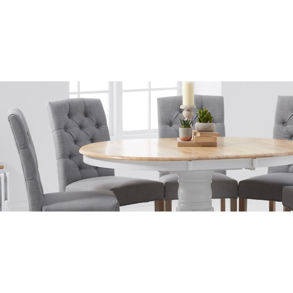 Epsom Oak and White Pedestal Extending Table with Claudia Fabric Chairs - Grey, 4 Chairs – image 2