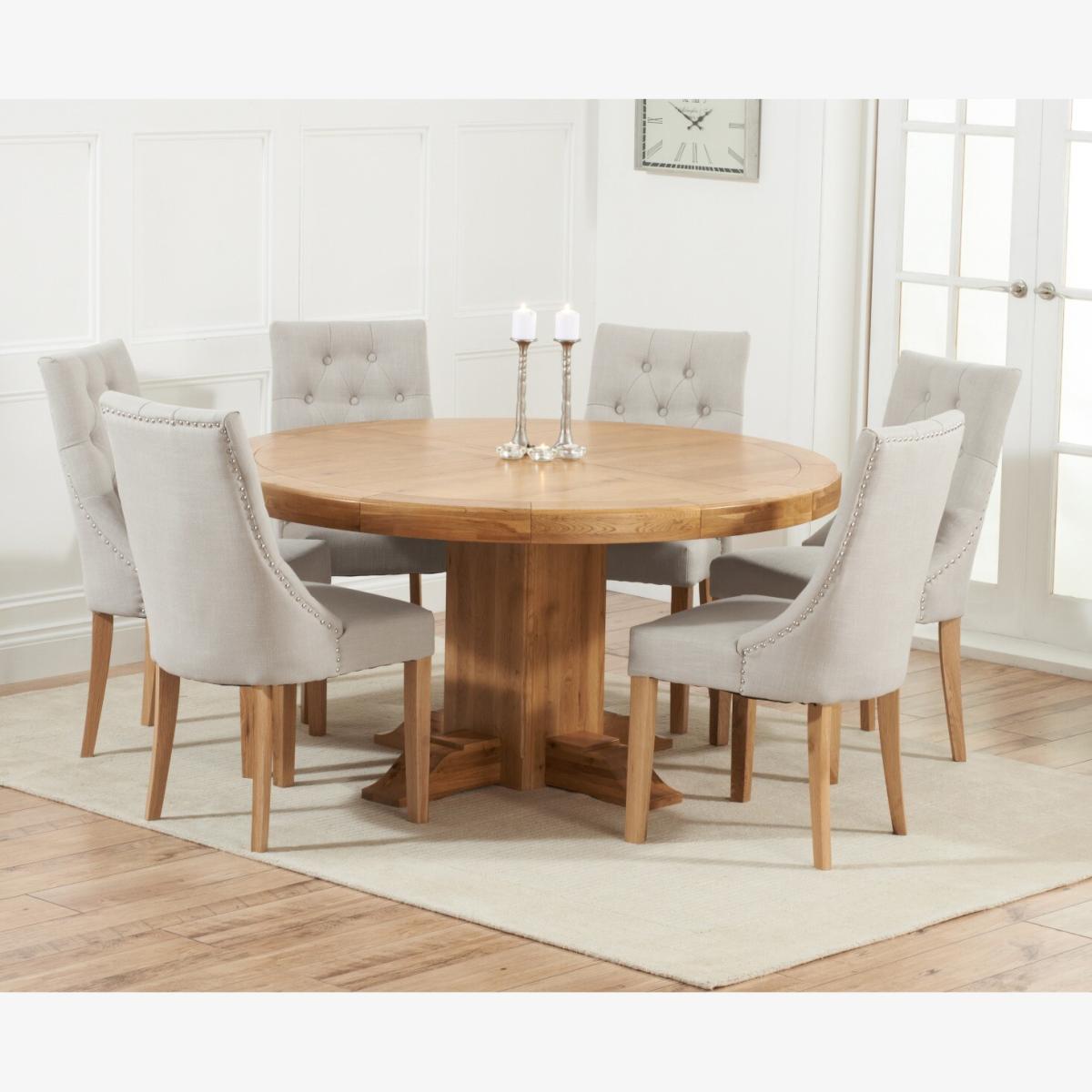 Helmsley 150cm Solid Oak Round Pedestal Dining Table With 6 Natural Beatrix Fabric Chairs – image 1