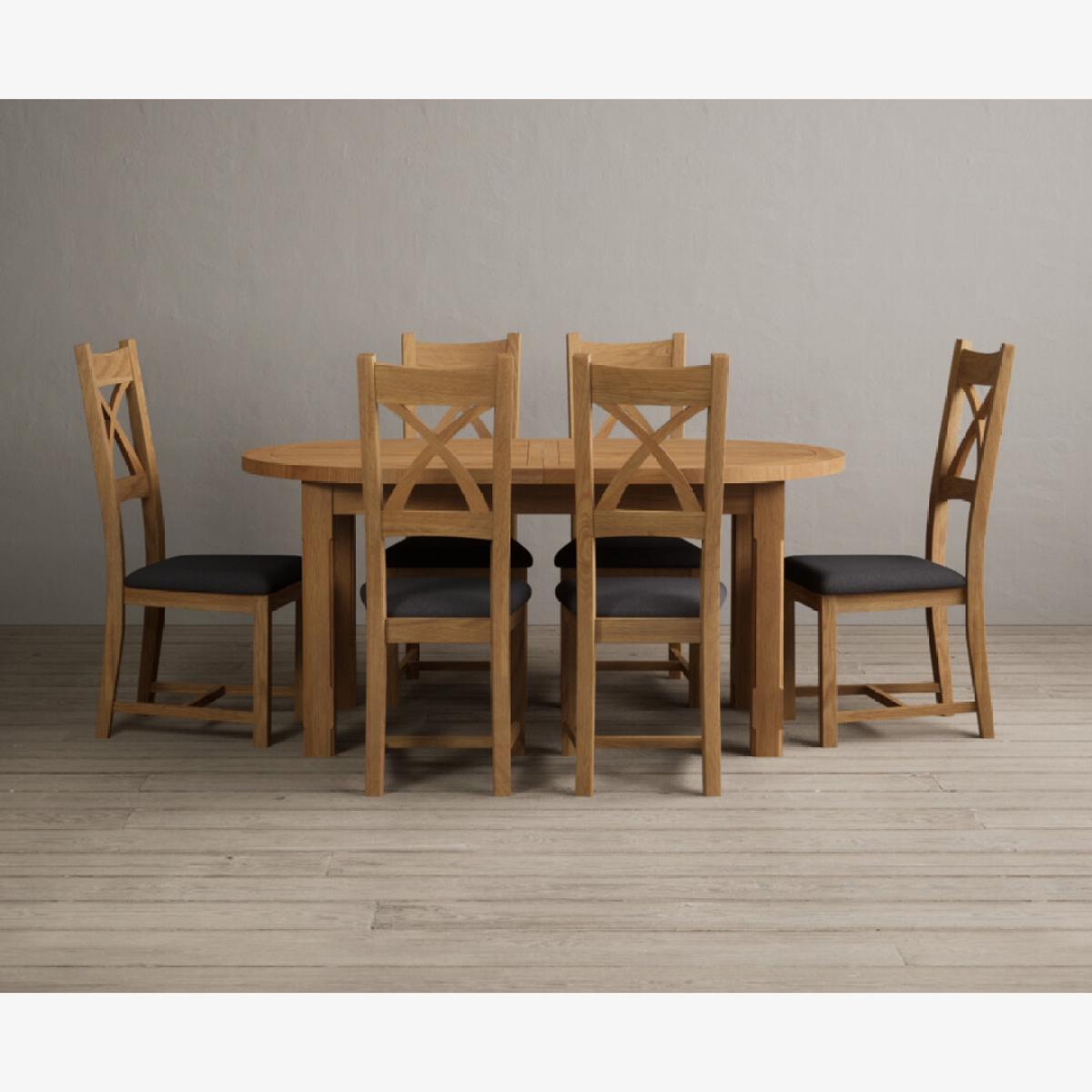 Extending Caversham Oak Oval Dining Table with 6 Blue Natural Solid Oak Chairs – image 1