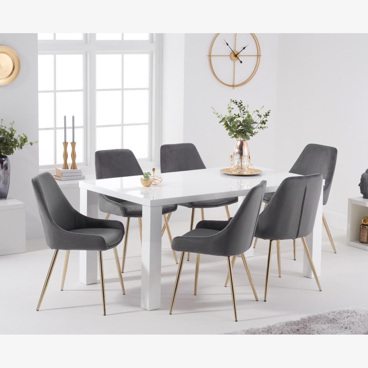 Atlanta 160cm White High Gloss Table With 6 Grey Fern Velvet Chairs