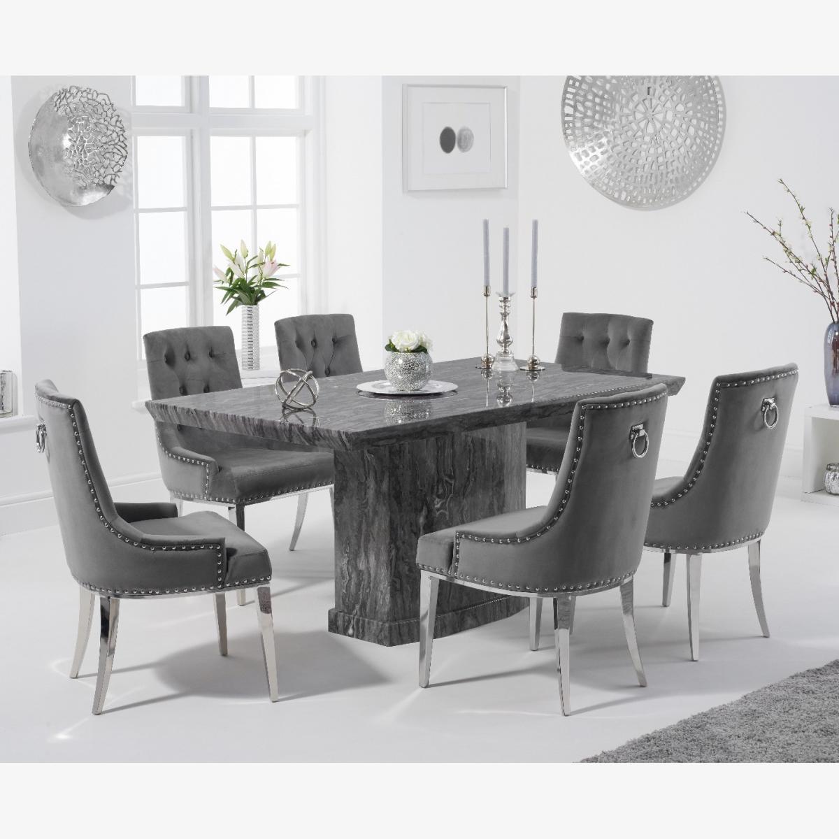 Carvelle 160cm Grey Marble Table With 6 Grey Sienna Velvet Chairs – image 1